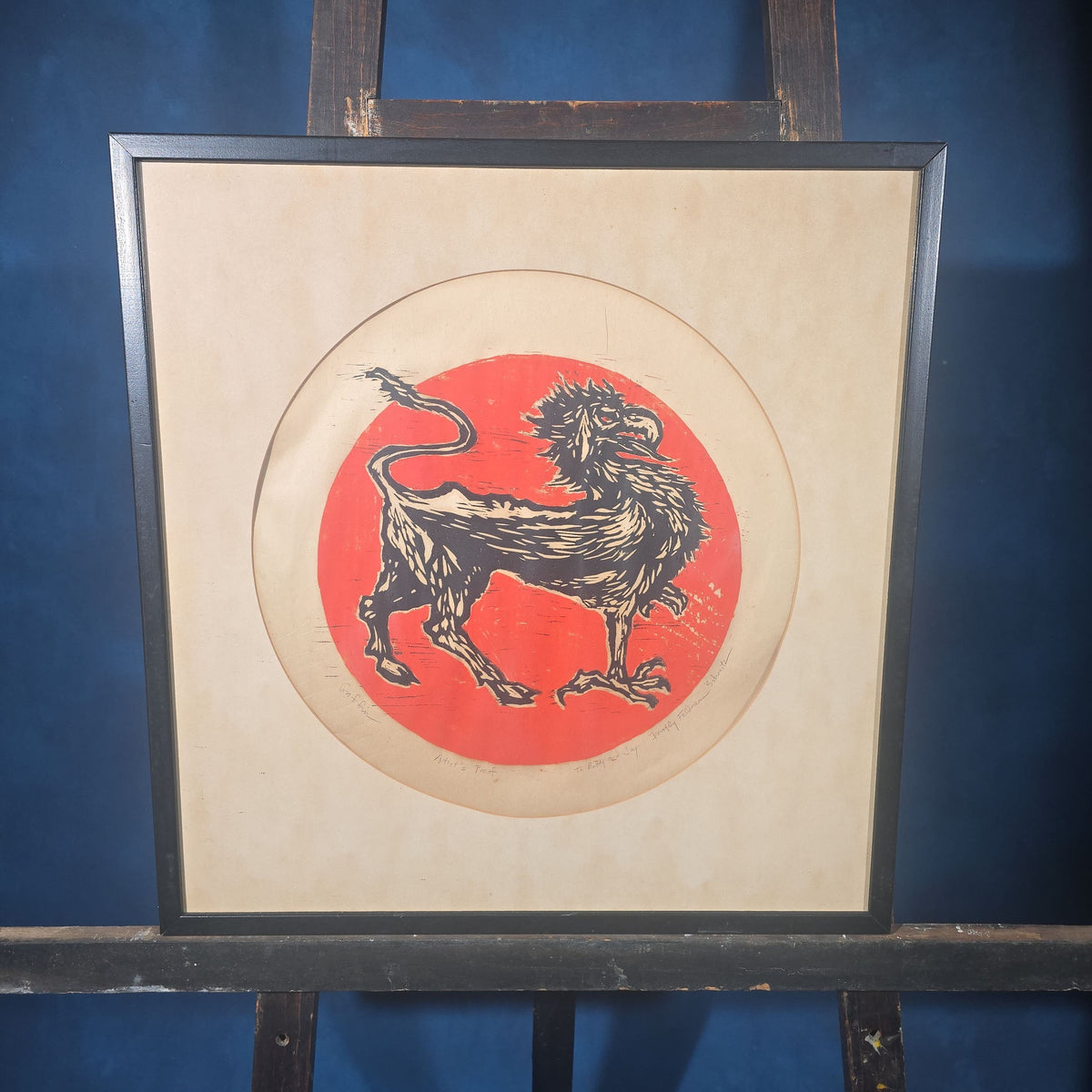 Vintage Framed Woodcut Print, "Griffin" Artist's Proof by Dorothy Feldman Schwartz