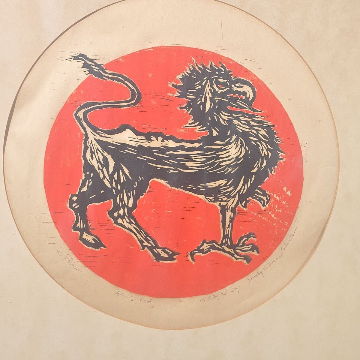 Vintage Framed Woodcut Print, "Griffin" Artist's Proof by Dorothy Feldman Schwartz
