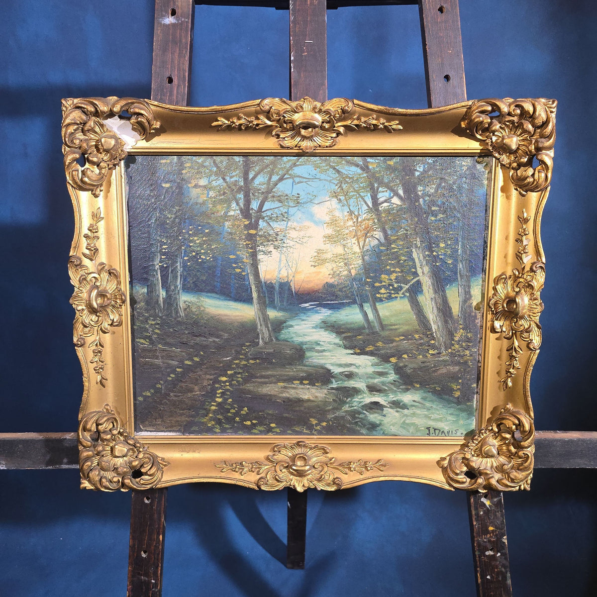 Vintage Oil Painting on Canvas, Wooded Stream Landscape, Signed J. Davis