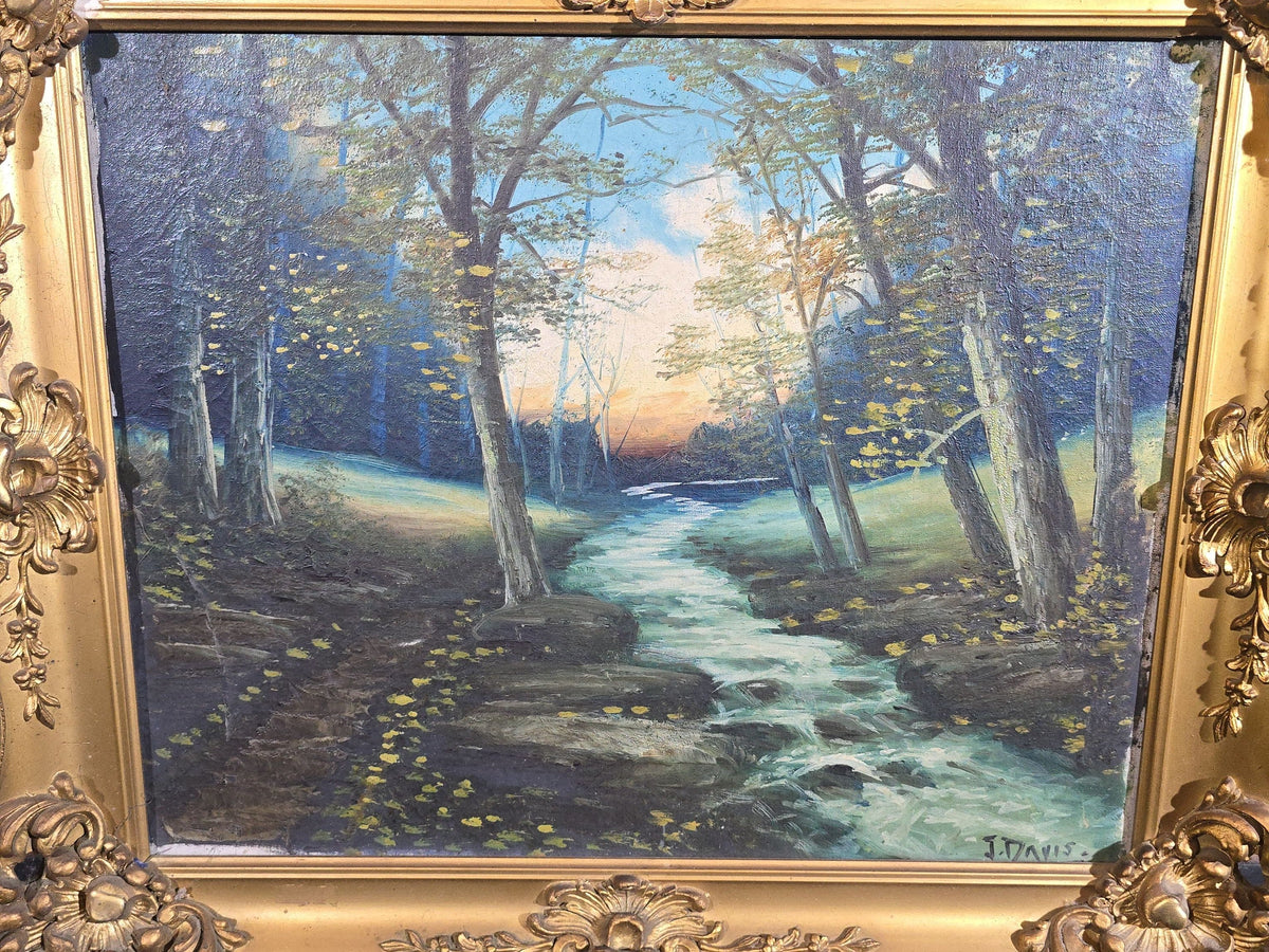 Vintage Oil Painting on Canvas, Wooded Stream Landscape, Signed J. Davis