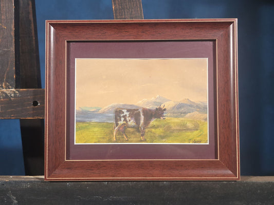 Vintage Watercolor Painting on Paper, Cow in Mountain Landscape, Signed J. Howe