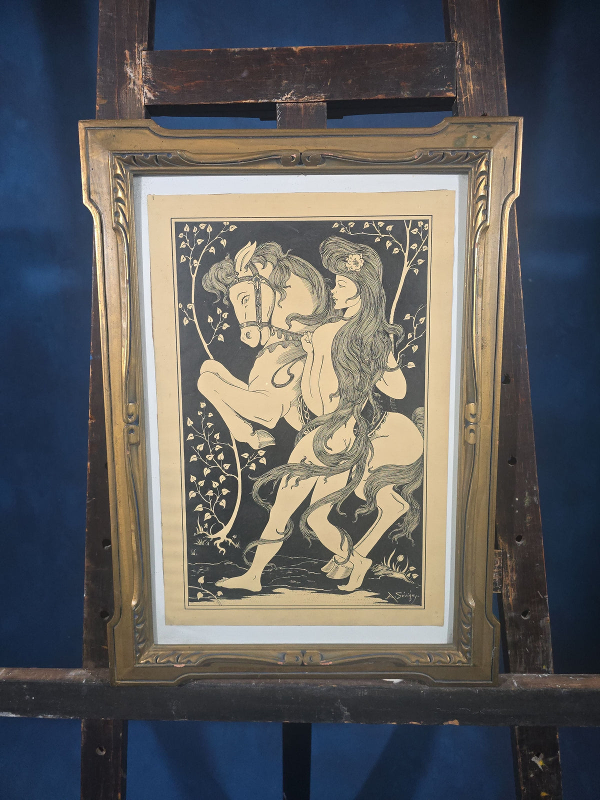 Vintage Art Nouveau Framed Ink Drawing on Paper, Nude Figure with Horse, Signed A. Sevigny