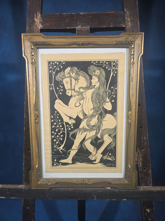 Vintage Art Nouveau Framed Ink Drawing on Paper, Nude Figure with Horse, Signed A. Sevigny