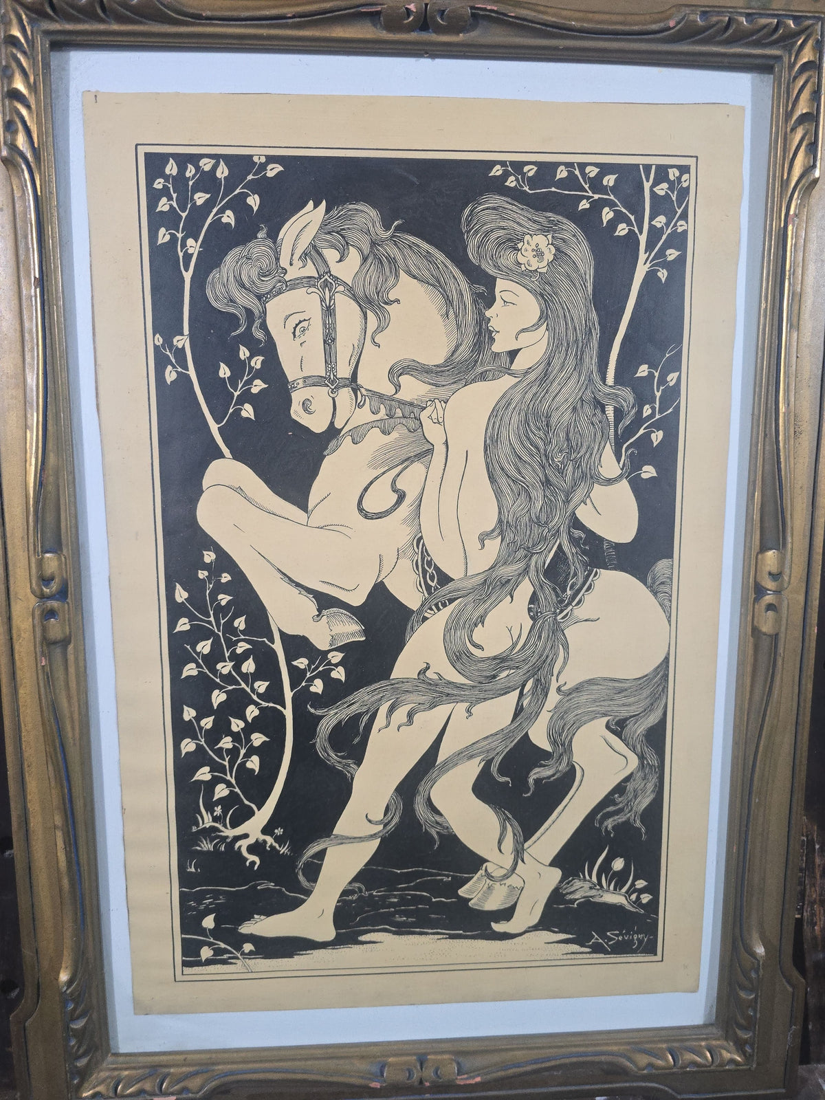 Vintage Art Nouveau Framed Ink Drawing on Paper, Nude Figure with Horse, Signed A. Sevigny