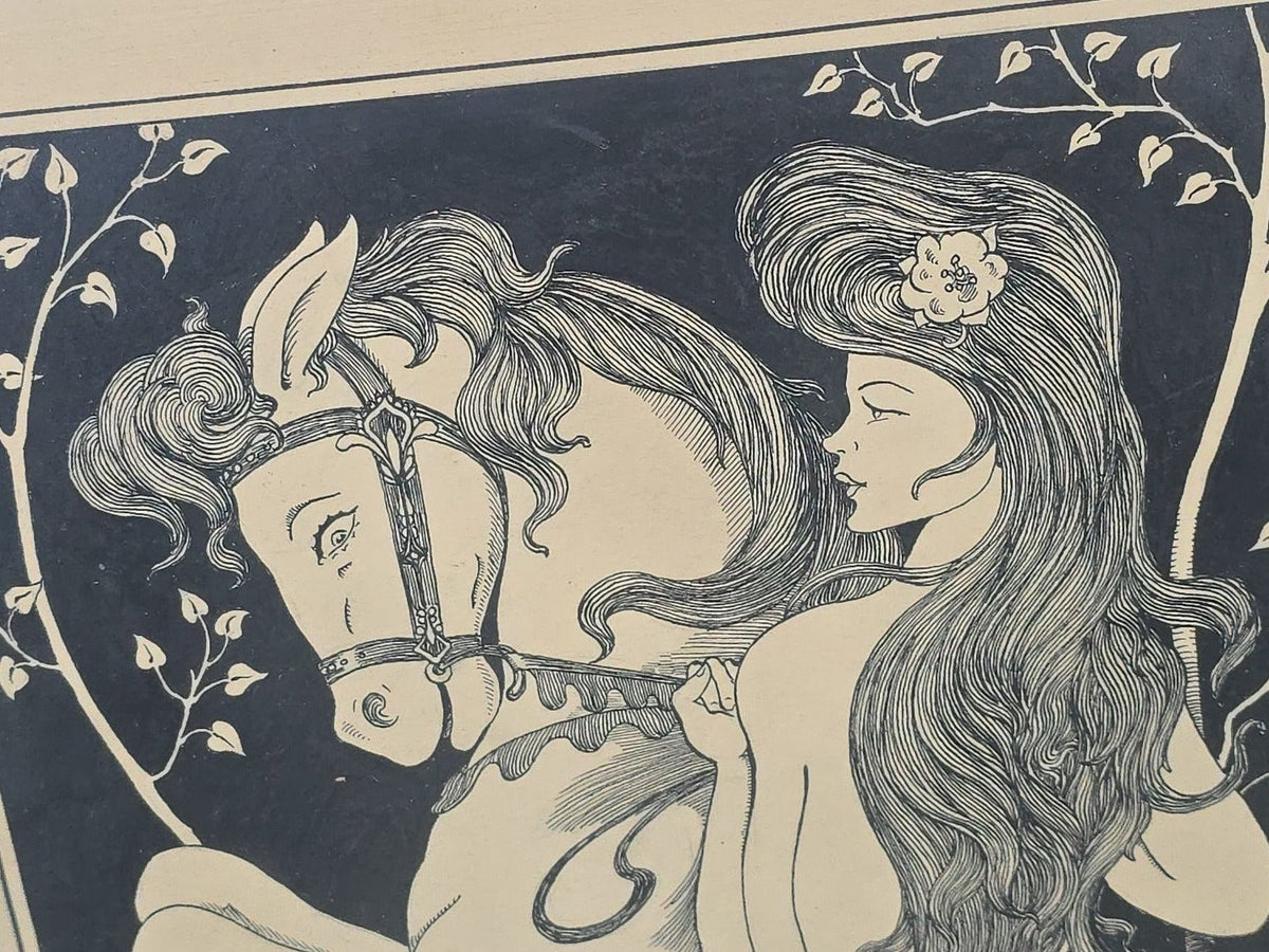Vintage Art Nouveau Framed Ink Drawing on Paper, Nude Figure with Horse, Signed A. Sevigny