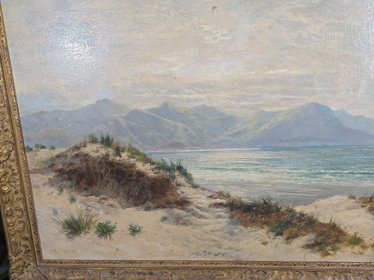 Antique Oil Painting on Canvas, "Coast of Wales" Coastal Landscape by Daniel Sherrin (British, 1868-1940), Signed