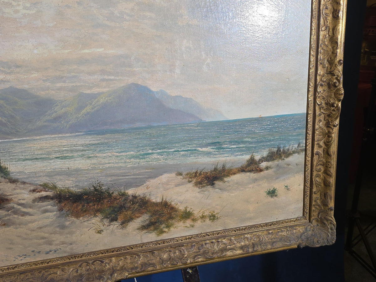 Antique Oil Painting on Canvas, "Coast of Wales" Coastal Landscape by Daniel Sherrin (British, 1868-1940), Signed