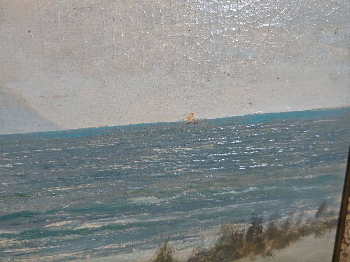 Antique Oil Painting on Canvas, "Coast of Wales" Coastal Landscape by Daniel Sherrin (British, 1868-1940), Signed
