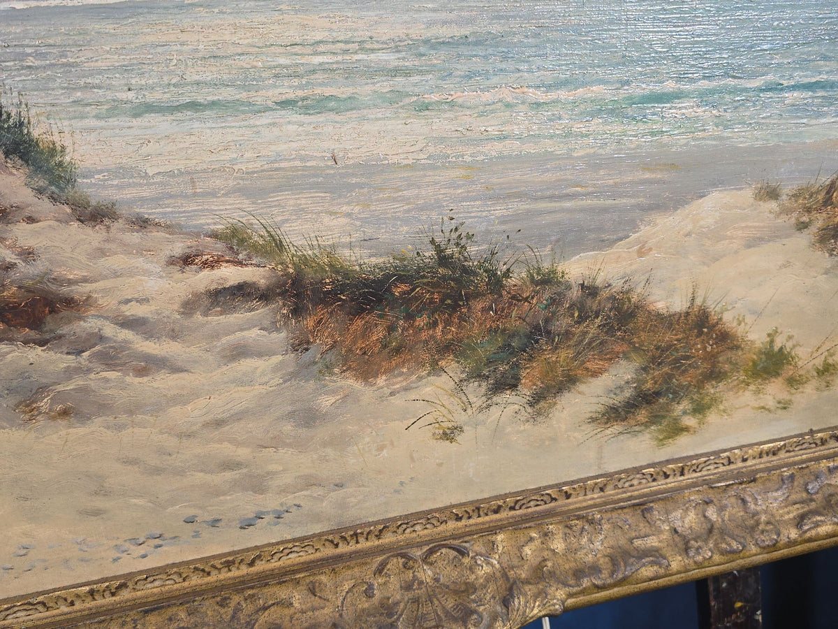 Antique Oil Painting on Canvas, "Coast of Wales" Coastal Landscape by Daniel Sherrin (British, 1868-1940), Signed