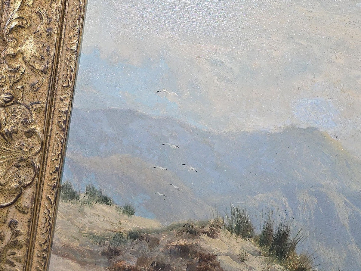 Antique Oil Painting on Canvas, "Coast of Wales" Coastal Landscape by Daniel Sherrin (British, 1868-1940), Signed