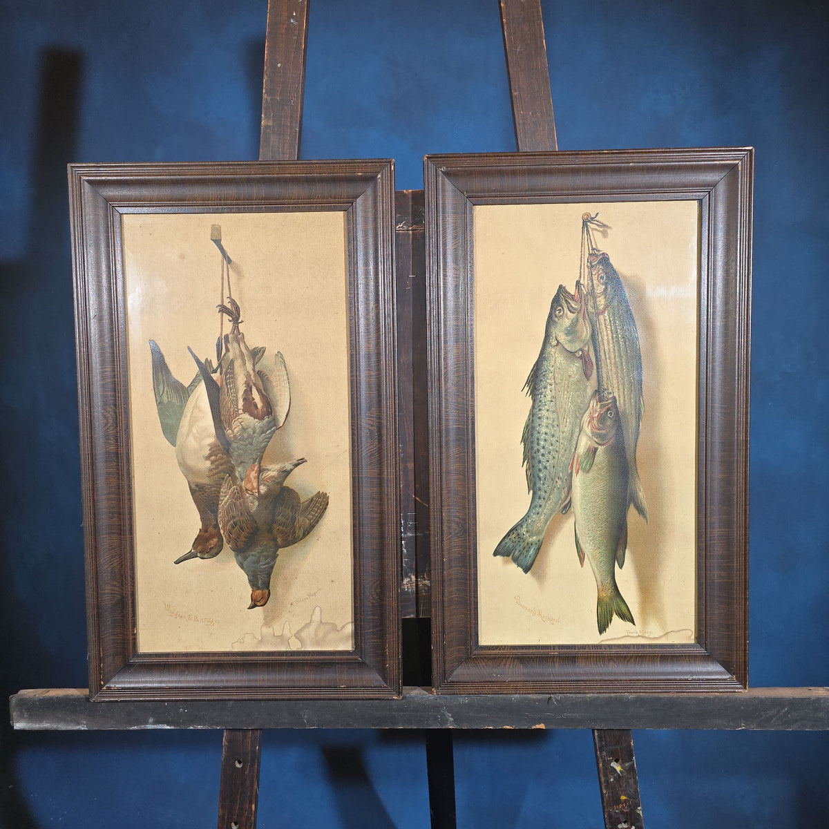 Pair of Antique Framed Game Still Life Prints, "Widgeon & Partridges" by Helena Maguire and "Bass and Mackerel" by Frank Airey