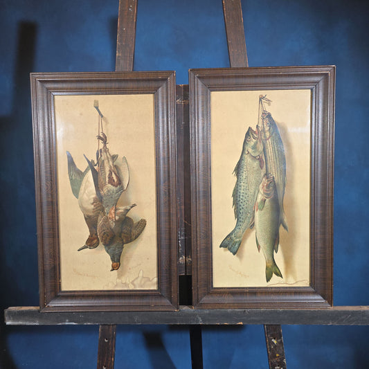 Pair of Antique Framed Game Still Life Prints, "Widgeon & Partridges" by Helena Maguire and "Bass and Mackerel" by Frank Airey