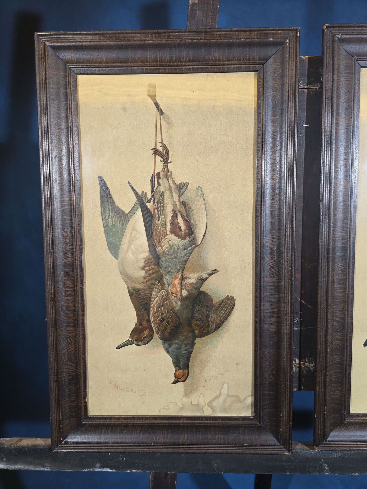 Pair of Antique Framed Game Still Life Prints, "Widgeon & Partridges" by Helena Maguire and "Bass and Mackerel" by Frank Airey