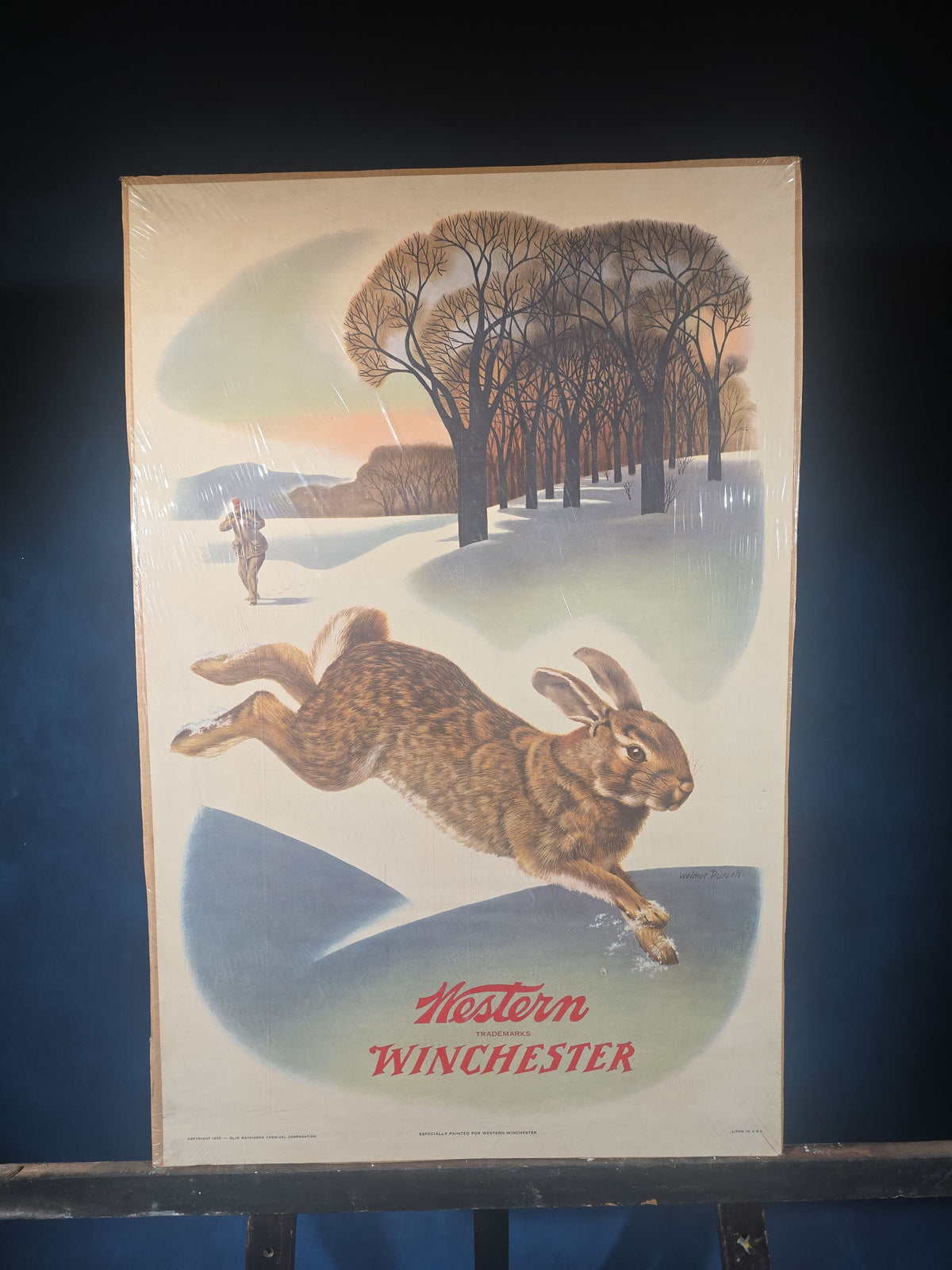 Vintage Western Winchester Advertising Lithograph Poster, Rabbit Hunting Scene by Weimer Pursell, 1955