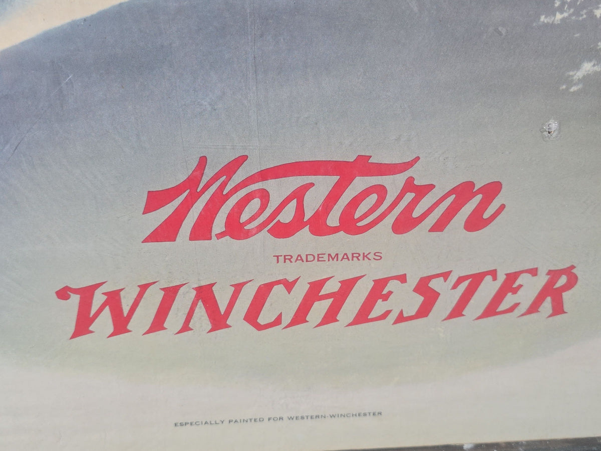 Vintage Western Winchester Advertising Lithograph Poster, Rabbit Hunting Scene by Weimer Pursell, 1955