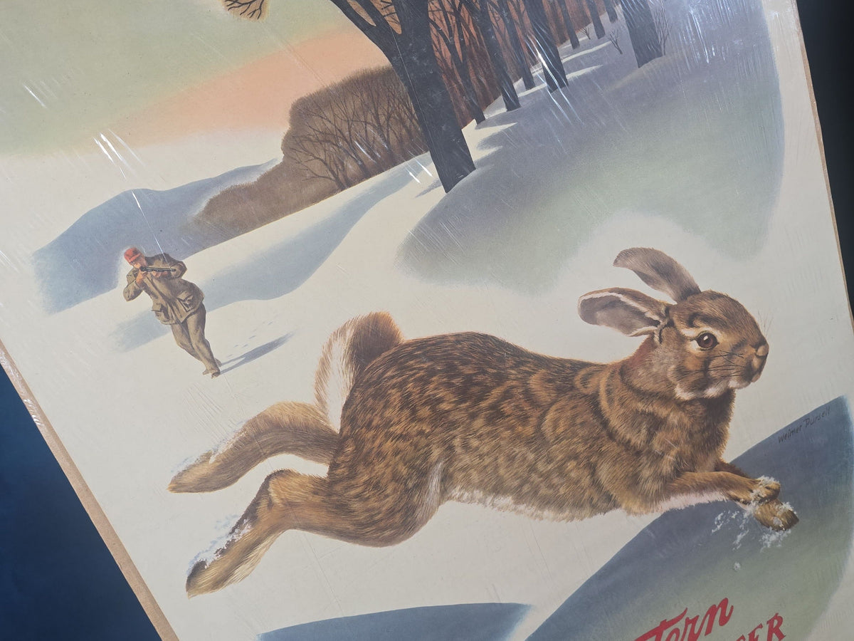 Vintage Western Winchester Advertising Lithograph Poster, Rabbit Hunting Scene by Weimer Pursell, 1955