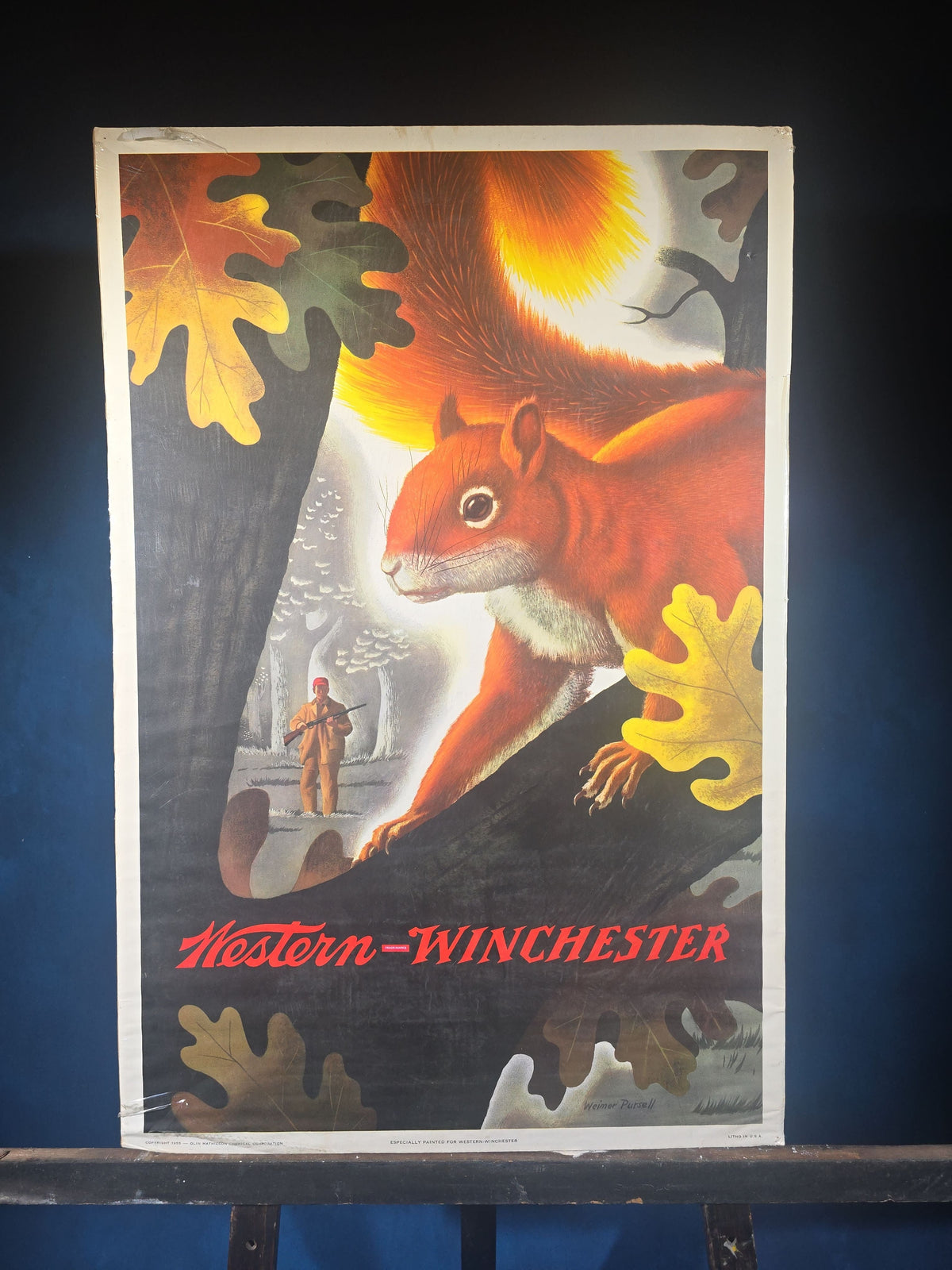Vintage Western-Winchester Advertising Lithograph Poster, Squirrel Hunting Scene by Weimer Pursell, 1955