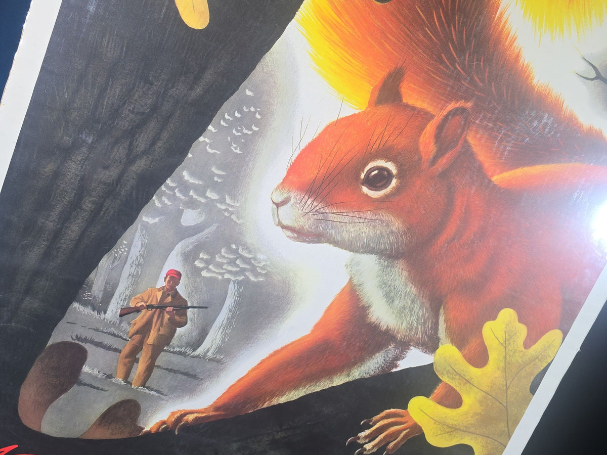 Vintage Western-Winchester Advertising Lithograph Poster, Squirrel Hunting Scene by Weimer Pursell, 1955