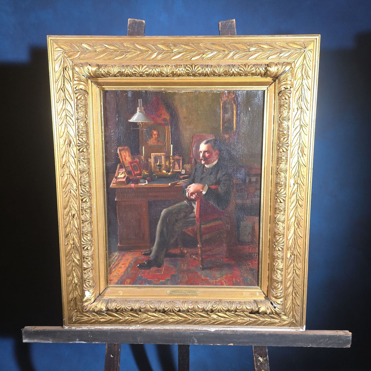 Antique Oil Painting on Canvas, Portrait of Generalkonsul Andreas Holmblad (Danish, 1852-1896) Seated at His Desk, by Nelly Erichsen (British, 1862-1918), Signed