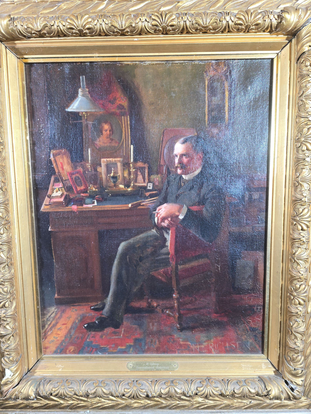 Antique Oil Painting on Canvas, Portrait of Generalkonsul Andreas Holmblad (Danish, 1852-1896) Seated at His Desk, by Nelly Erichsen (British, 1862-1918), Signed