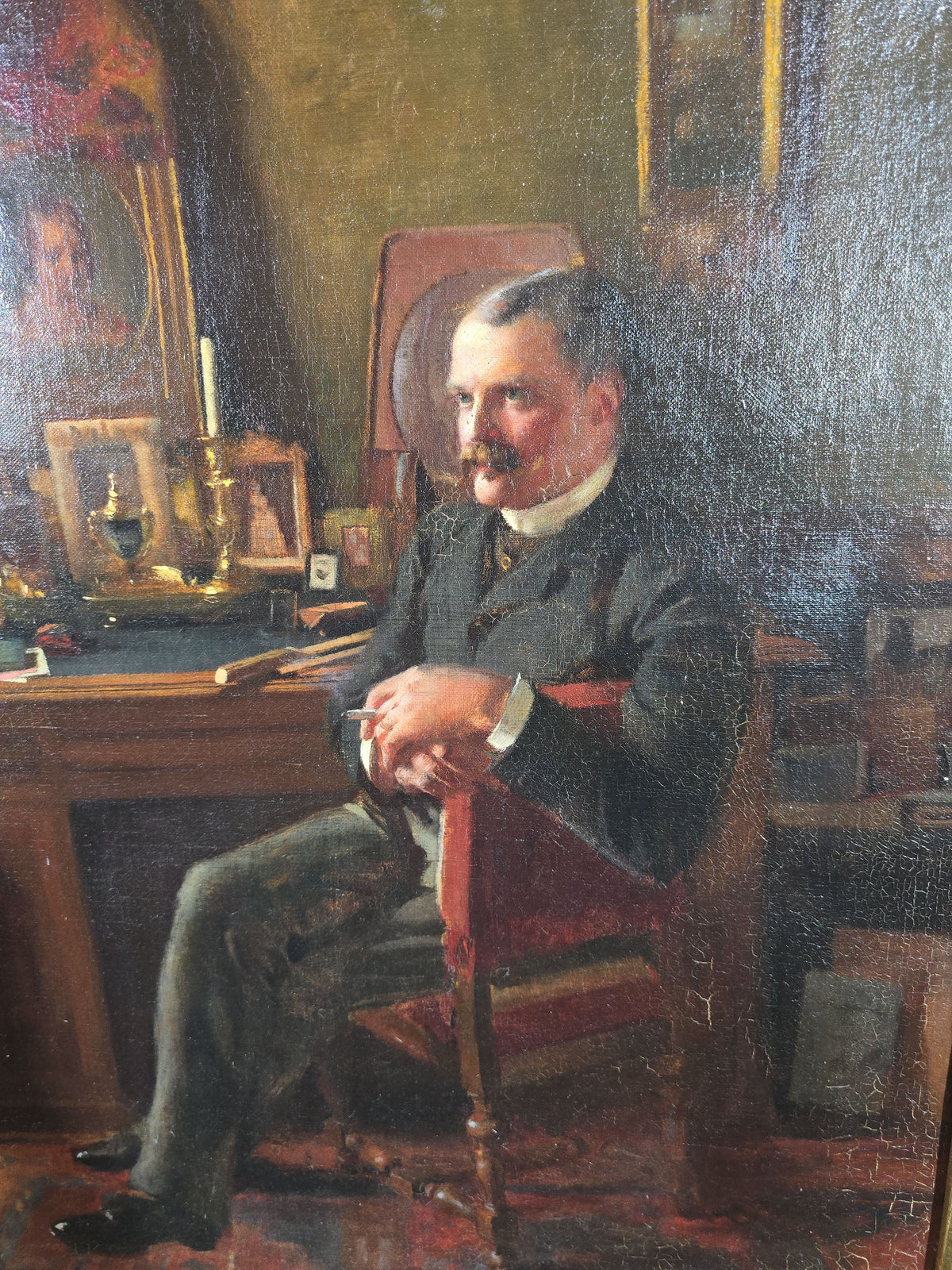 Antique Oil Painting on Canvas, Portrait of Generalkonsul Andreas Holmblad (Danish, 1852-1896) Seated at His Desk, by Nelly Erichsen (British, 1862-1918), Signed