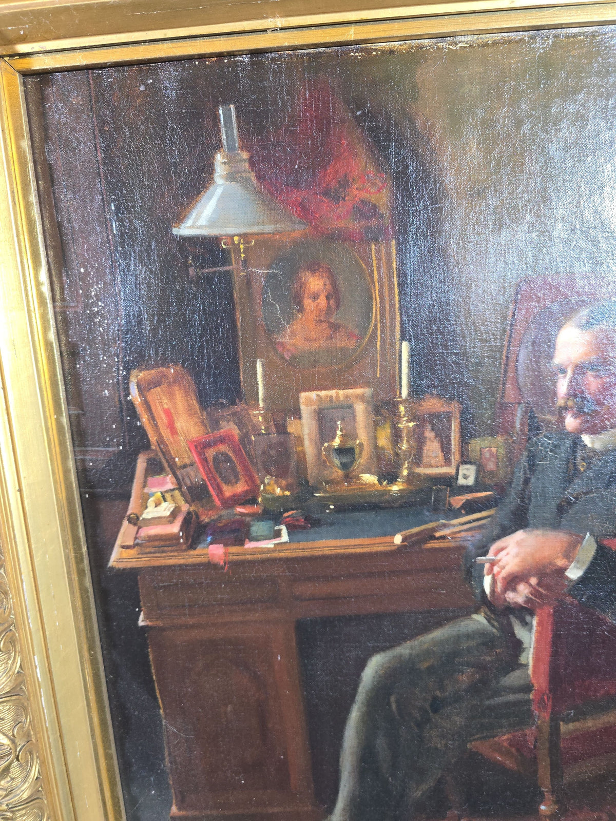 Antique Oil Painting on Canvas, Portrait of Generalkonsul Andreas Holmblad (Danish, 1852-1896) Seated at His Desk, by Nelly Erichsen (British, 1862-1918), Signed