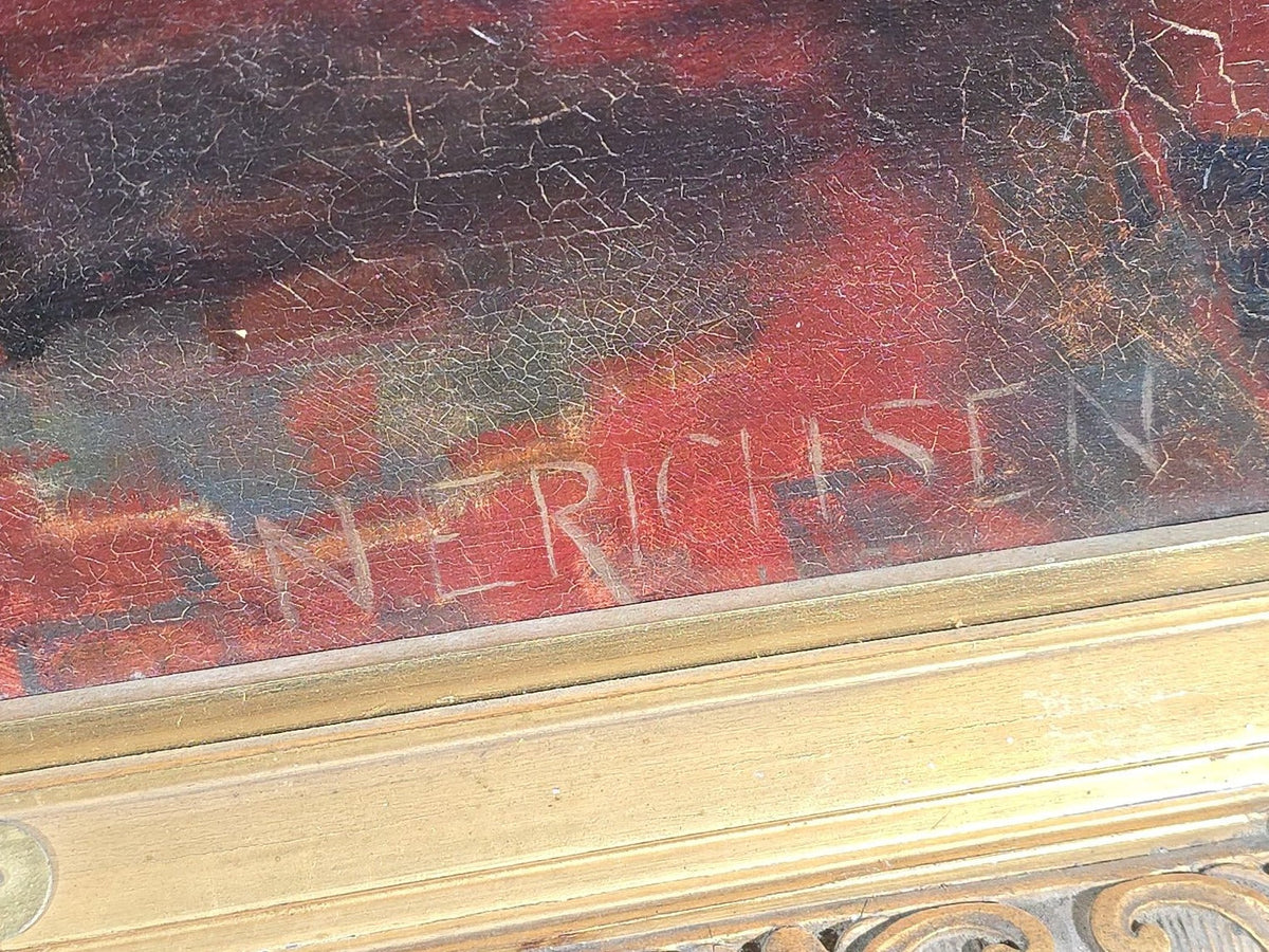 Antique Oil Painting on Canvas, Portrait of Generalkonsul Andreas Holmblad (Danish, 1852-1896) Seated at His Desk, by Nelly Erichsen (British, 1862-1918), Signed