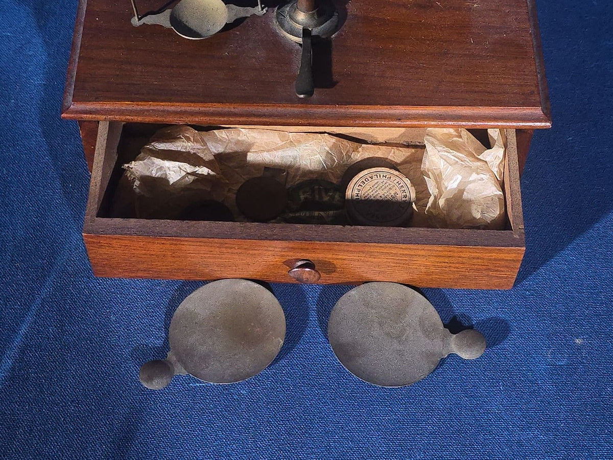 Antique Apothecary Balance Scale with Weights, Manufactured by Henry Troemner, Philadelphia, Pennsylvania