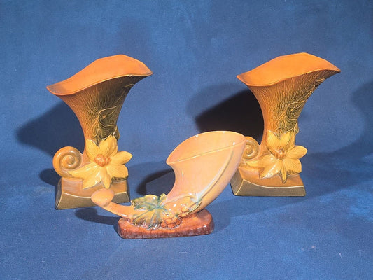 Trio of Vintage Roseville Pottery Pieces including Pair of Clematis Fan Vases No. 191-8 and Bushberry Cornucopia Vase No. 221-8