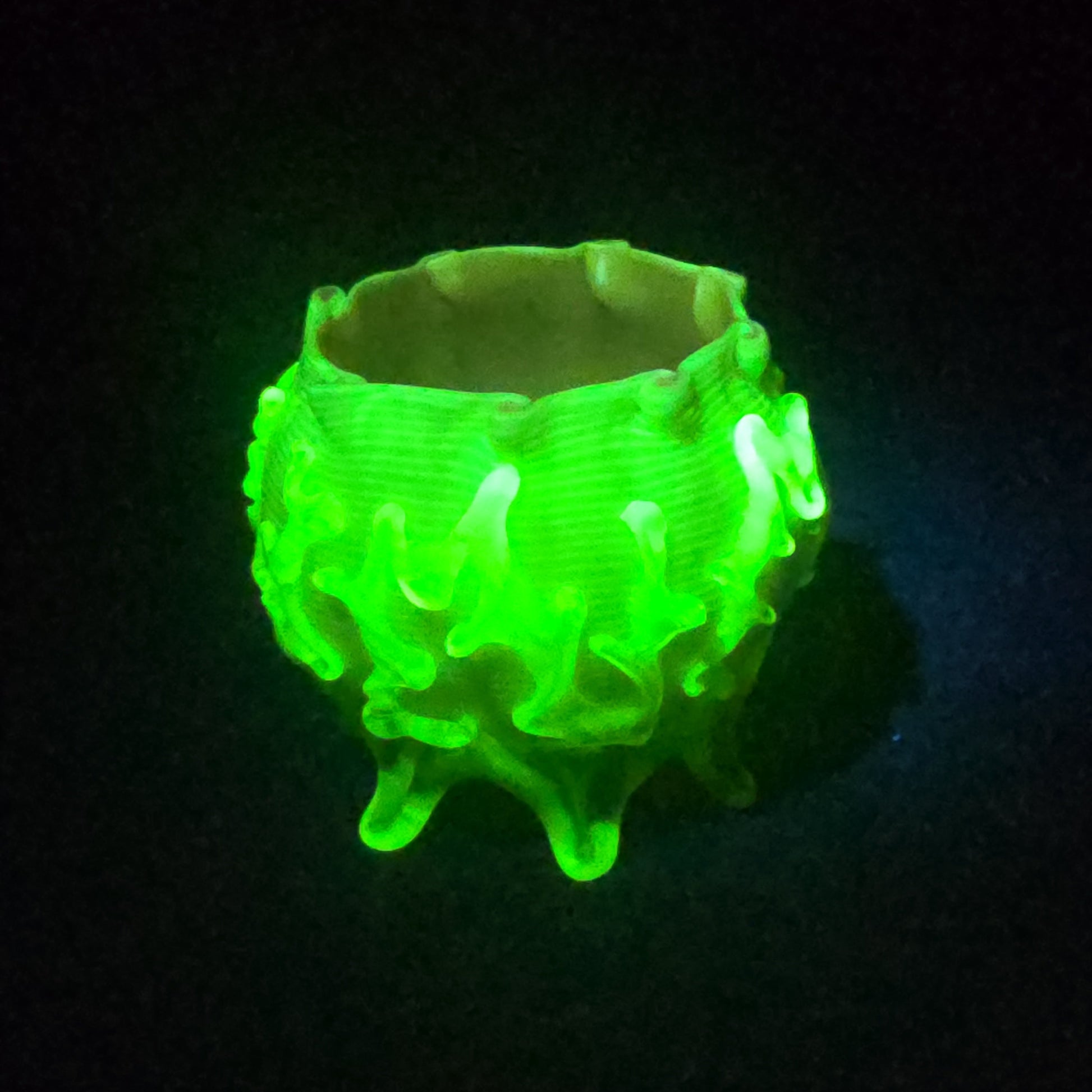 Antique Early 20th Century Uranium Art Glass Bowl with Pink Interior, Applied Glass Coral Decoration, and Crimped Rim, UV Reactive