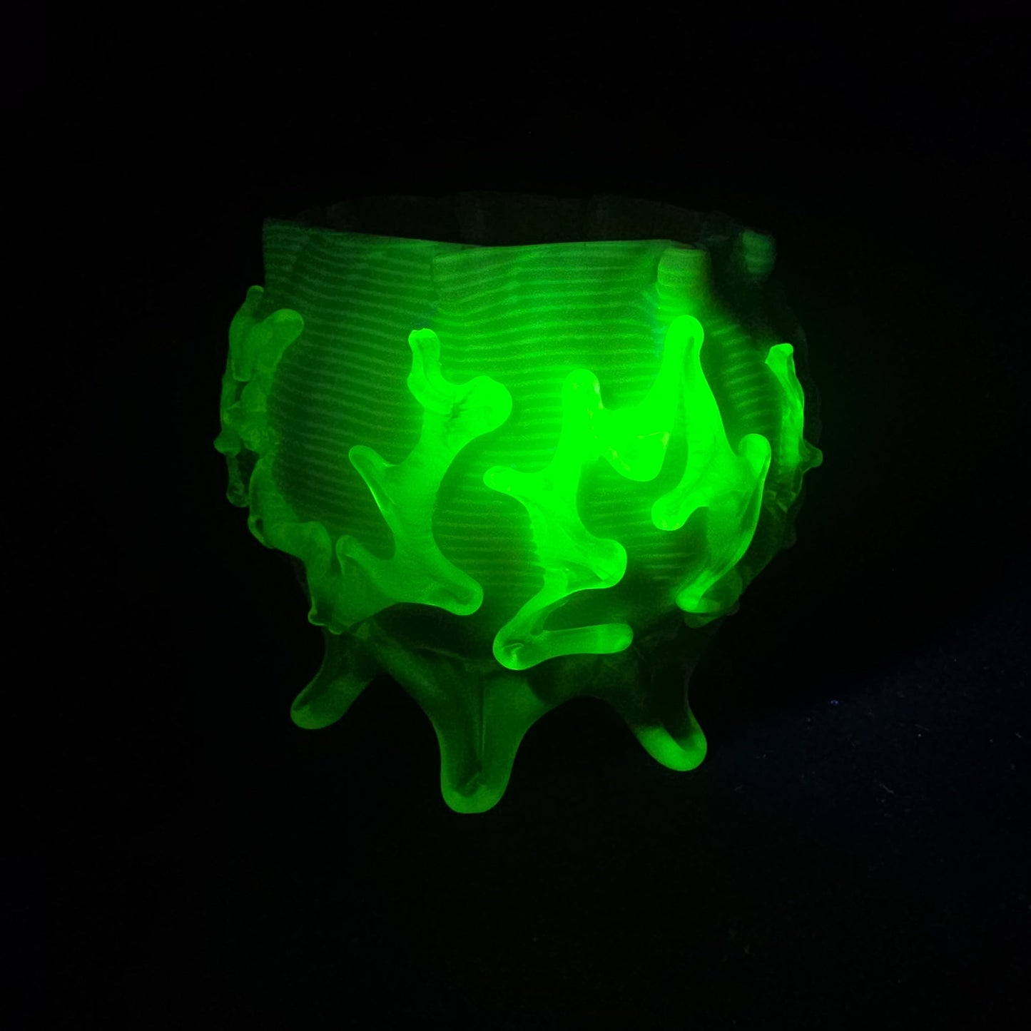 Antique Early 20th Century Uranium Art Glass Bowl with Pink Interior, Applied Glass Coral Decoration, and Crimped Rim, UV Reactive