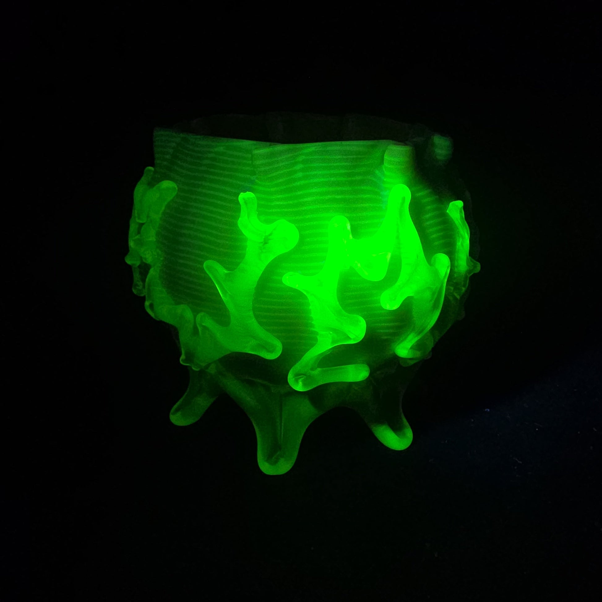 Antique Early 20th Century Uranium Art Glass Bowl with Pink Interior, Applied Glass Coral Decoration, and Crimped Rim, UV Reactive
