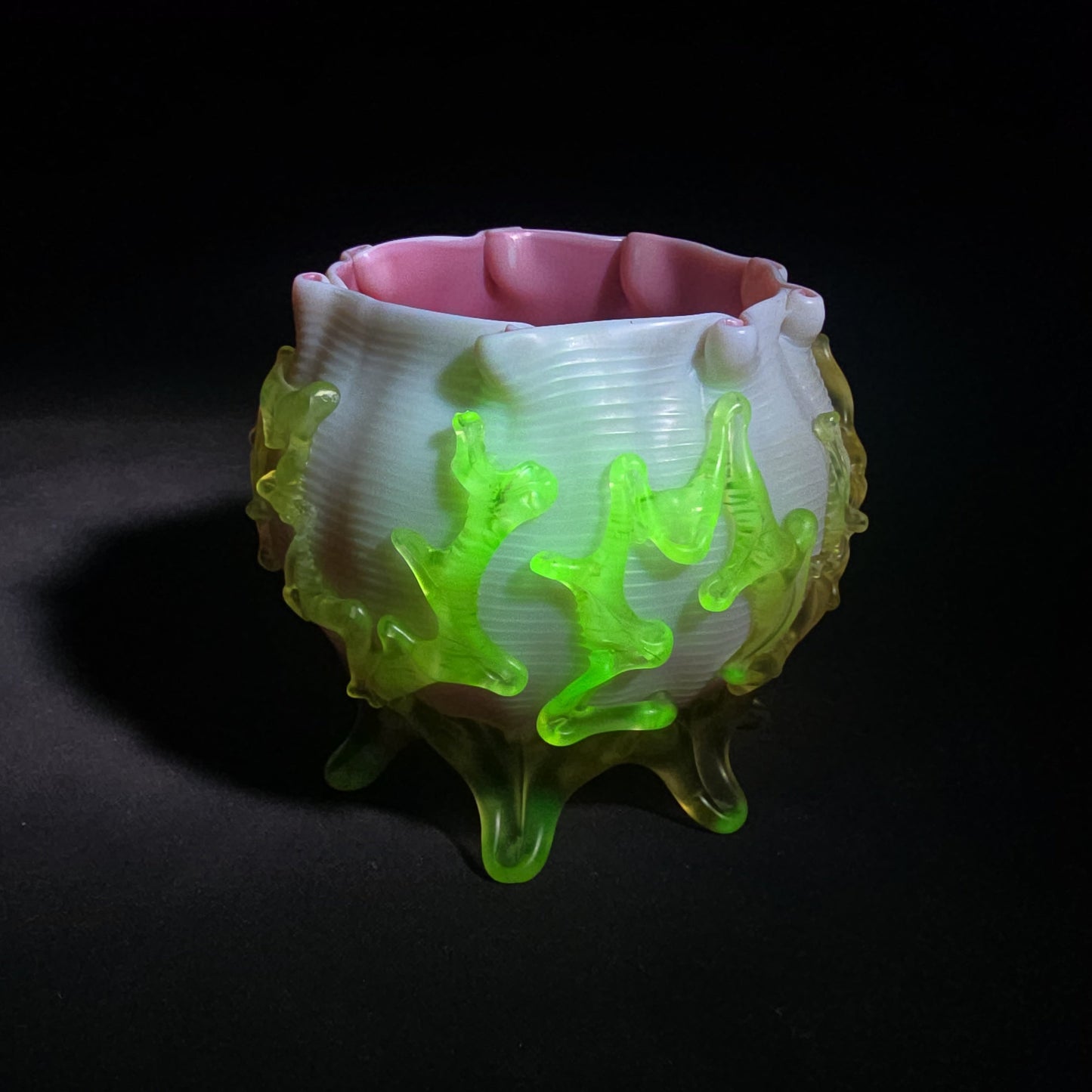 Antique Early 20th Century Uranium Art Glass Bowl with Pink Interior, Applied Glass Coral Decoration, and Crimped Rim, UV Reactive