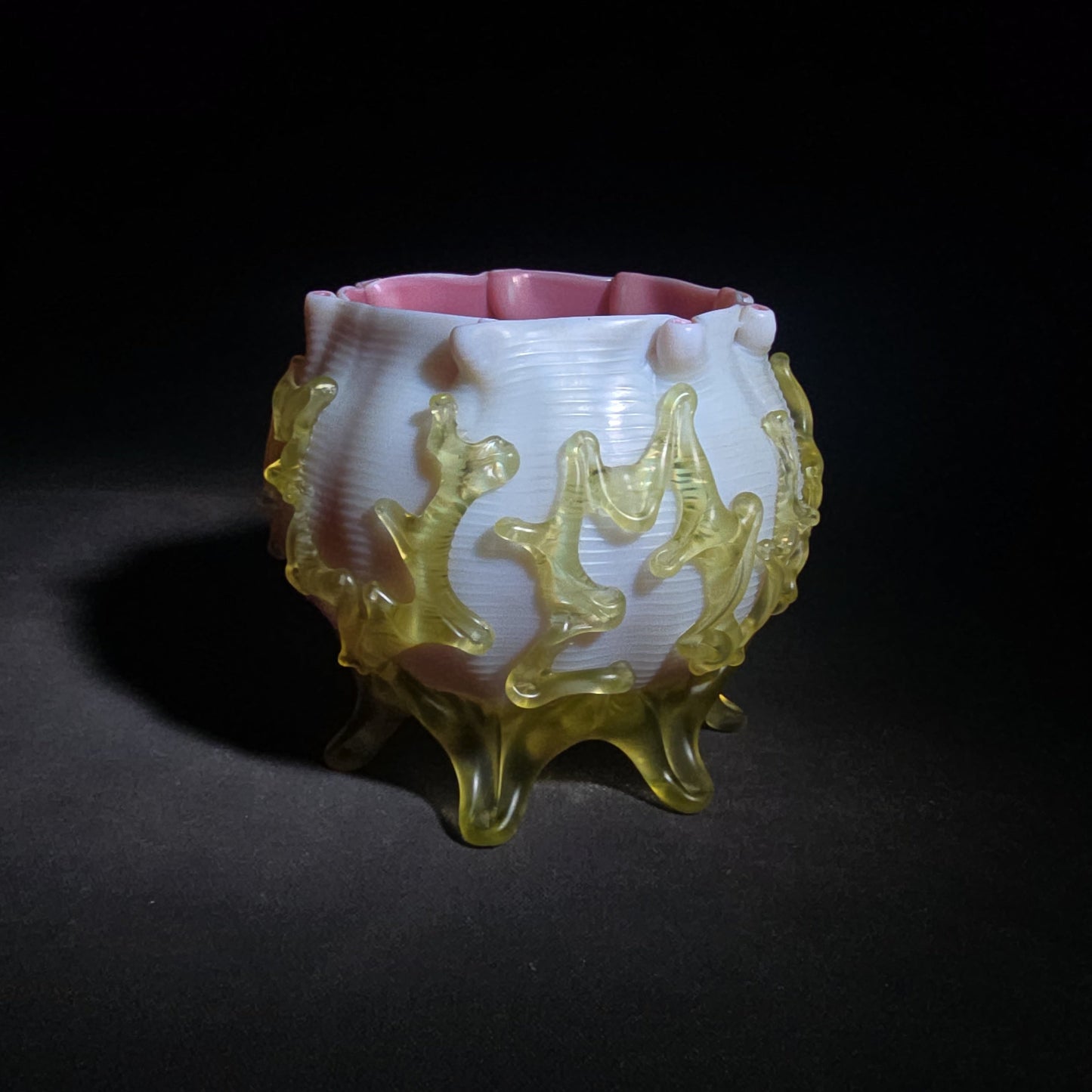 Antique Early 20th Century Uranium Art Glass Bowl with Pink Interior, Applied Glass Coral Decoration, and Crimped Rim, UV Reactive