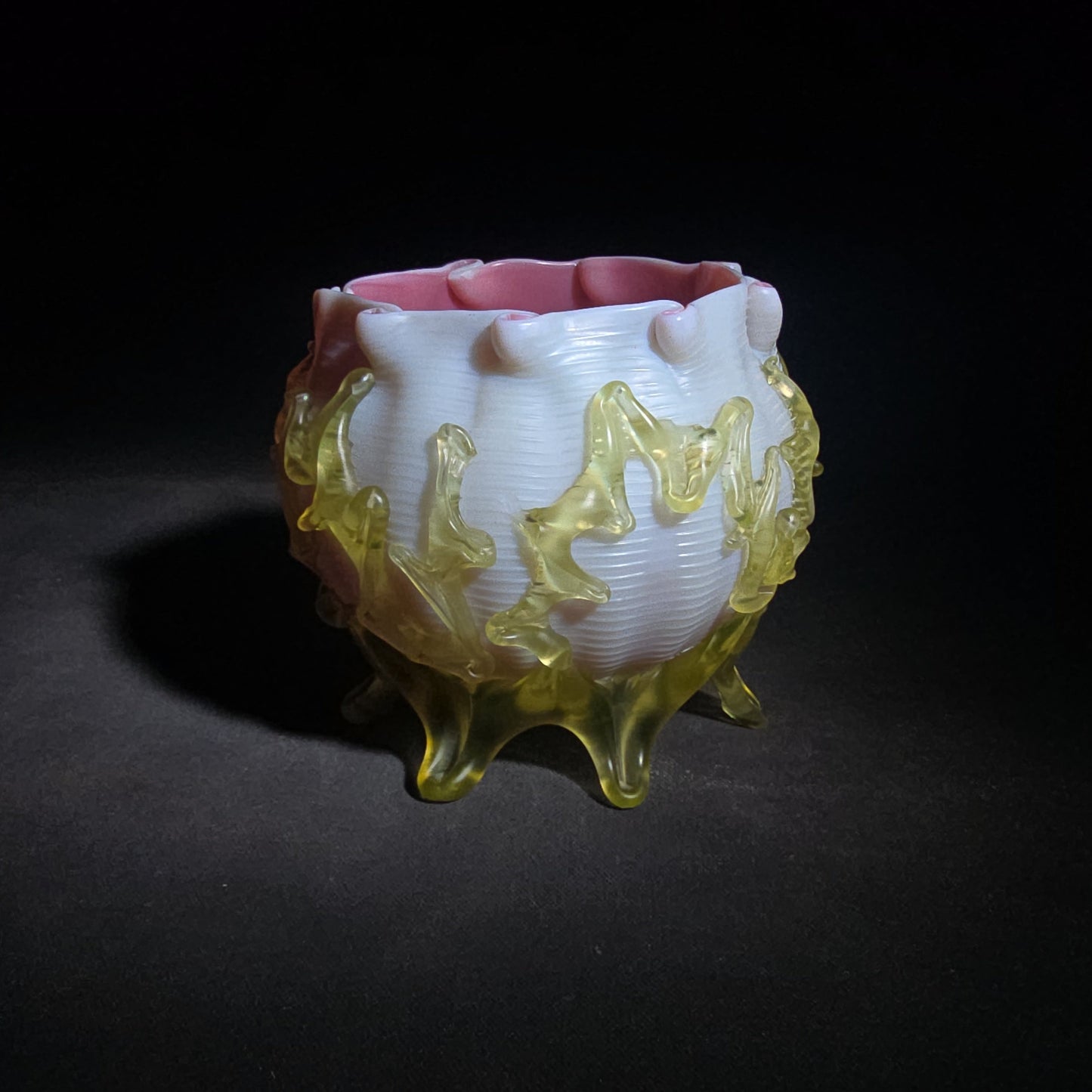 Antique Early 20th Century Uranium Art Glass Bowl with Pink Interior, Applied Glass Coral Decoration, and Crimped Rim, UV Reactive