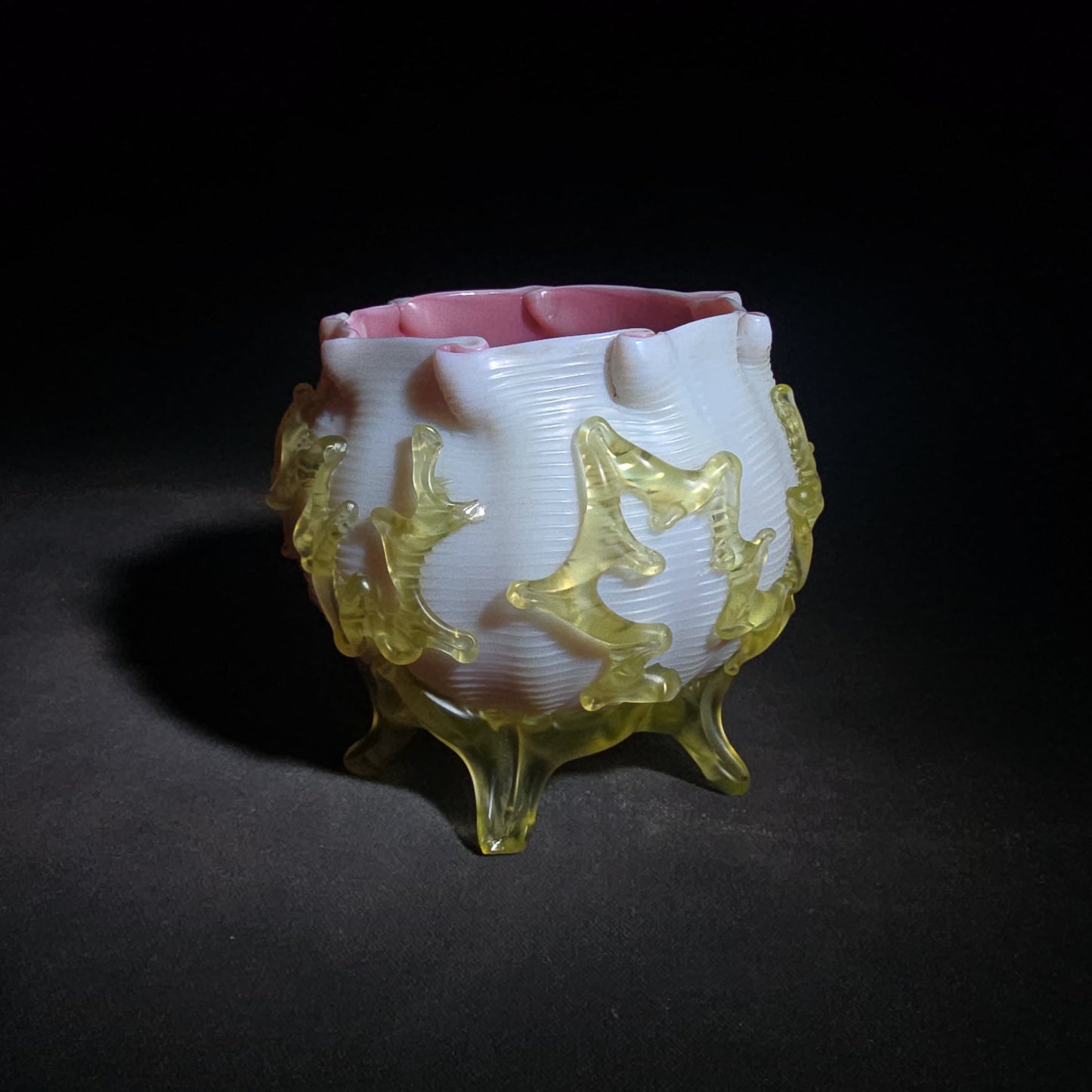 Antique Early 20th Century Uranium Art Glass Bowl with Pink Interior, Applied Glass Coral Decoration, and Crimped Rim, UV Reactive