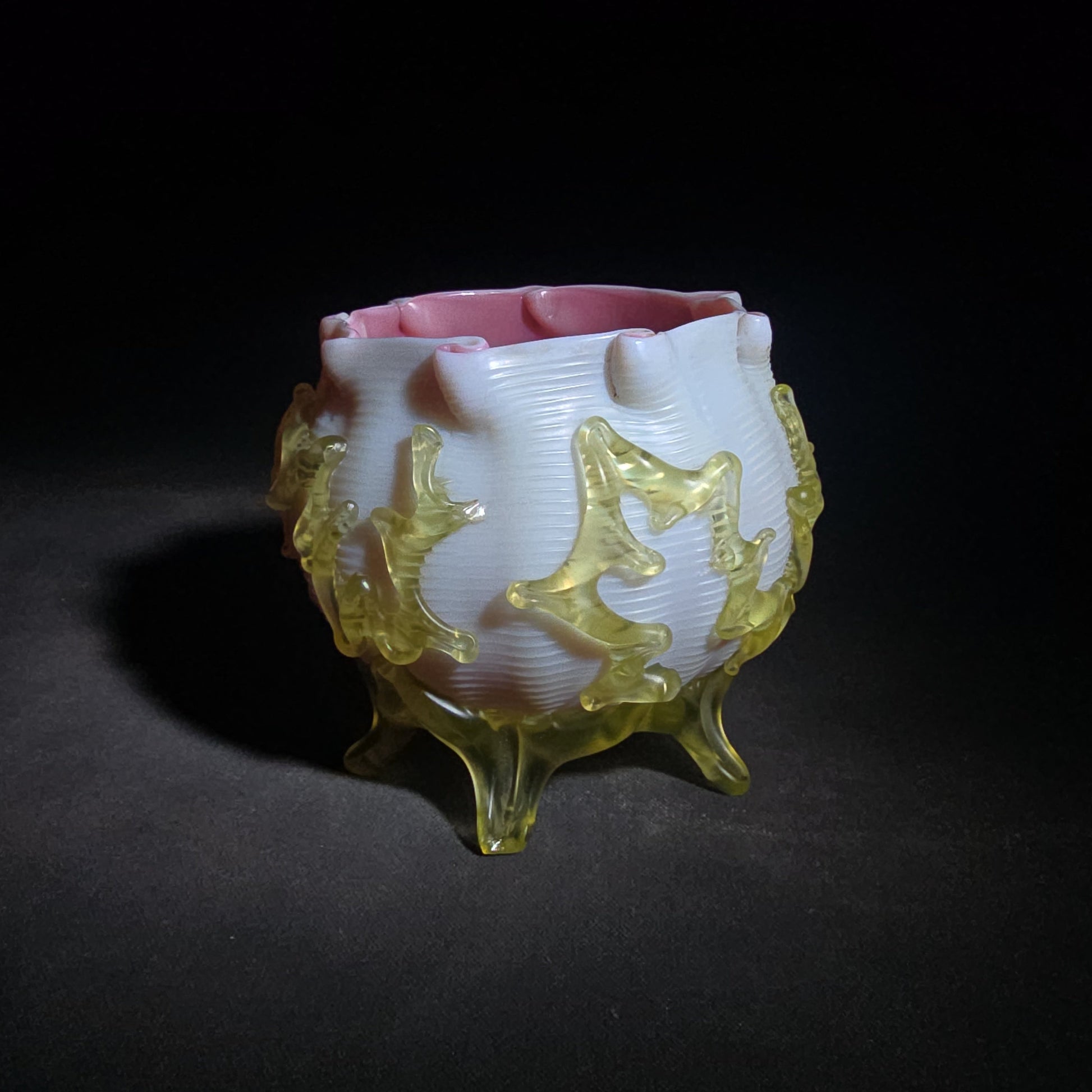 Antique Early 20th Century Uranium Art Glass Bowl with Pink Interior, Applied Glass Coral Decoration, and Crimped Rim, UV Reactive