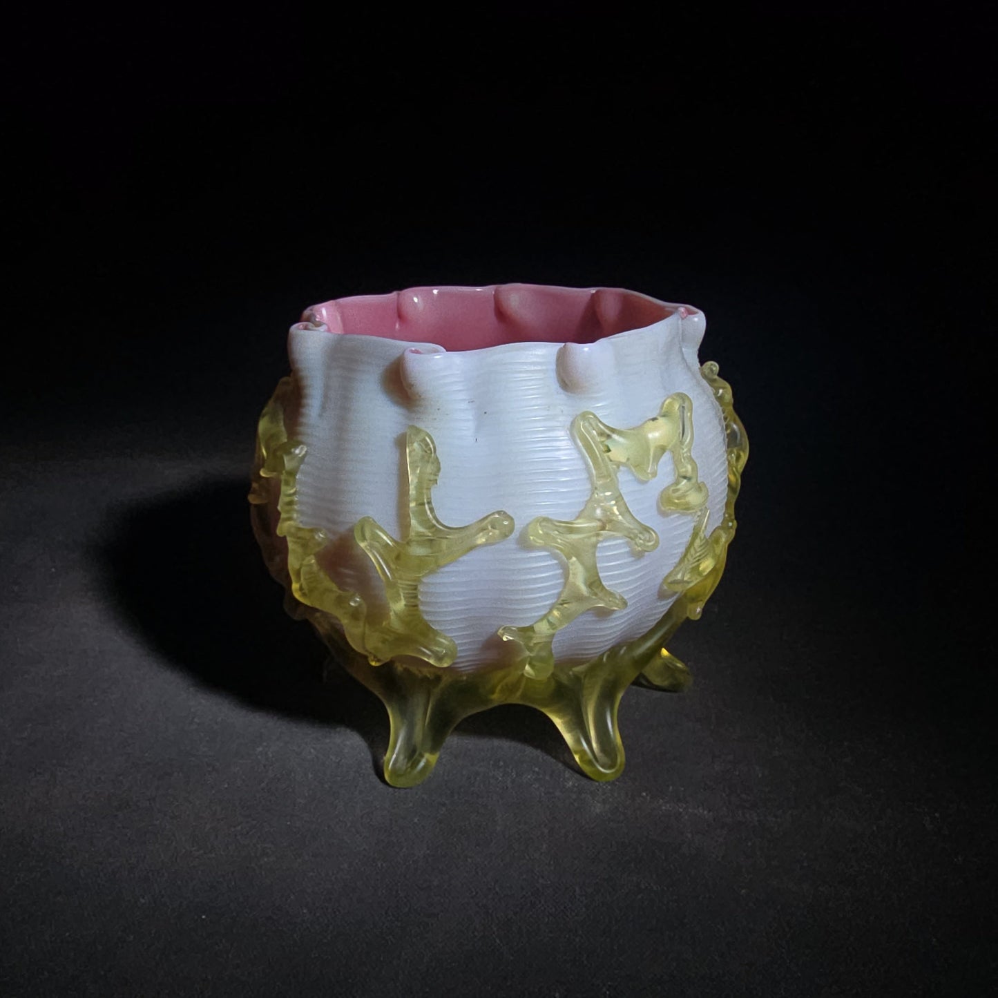 Antique Early 20th Century Uranium Art Glass Bowl with Pink Interior, Applied Glass Coral Decoration, and Crimped Rim, UV Reactive
