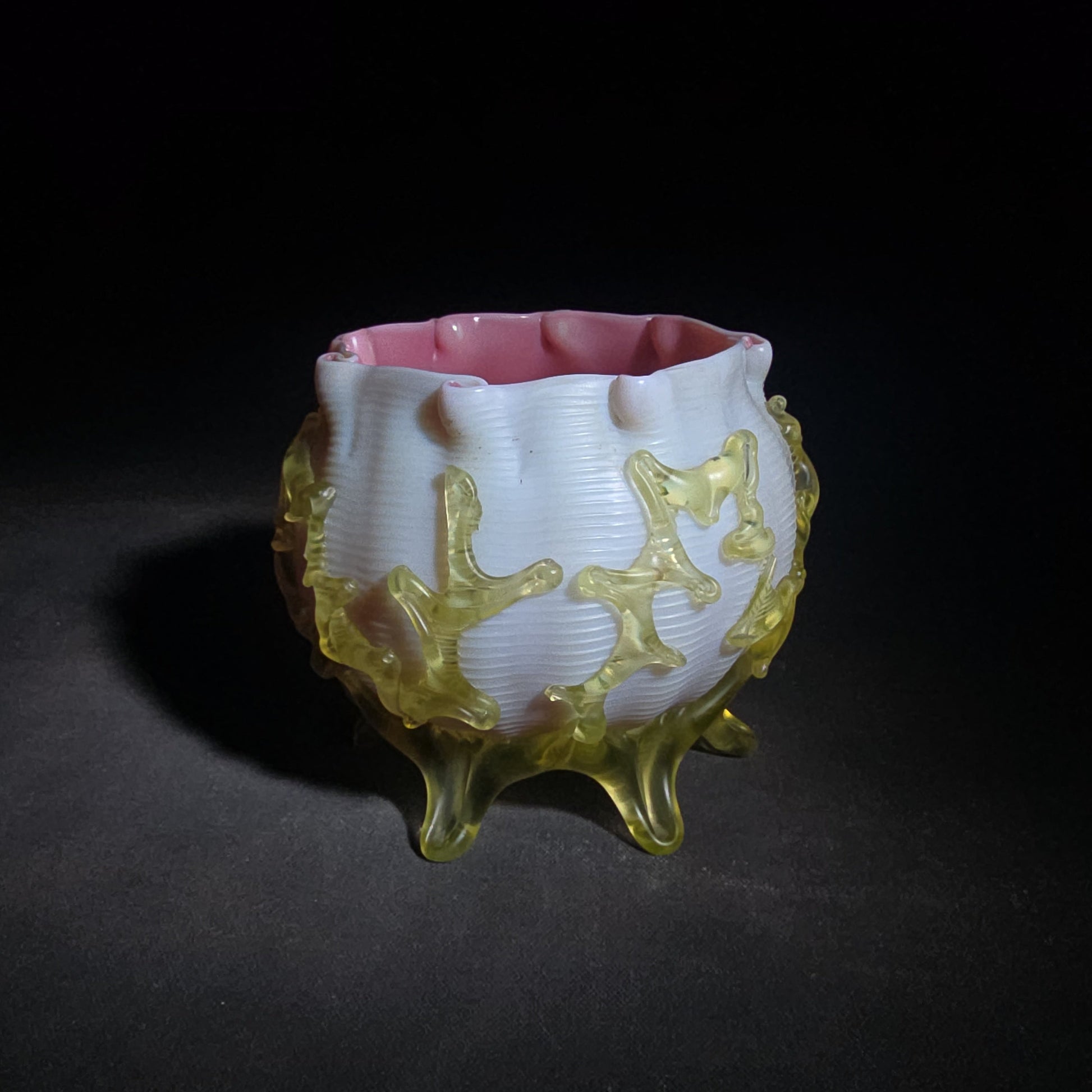 Antique Early 20th Century Uranium Art Glass Bowl with Pink Interior, Applied Glass Coral Decoration, and Crimped Rim, UV Reactive