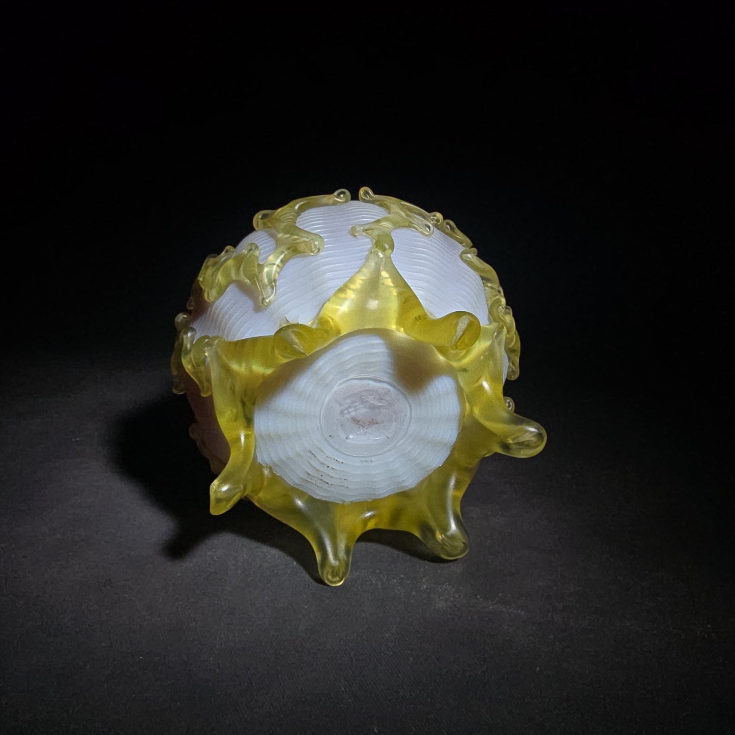 Antique Early 20th Century Uranium Art Glass Bowl with Pink Interior, Applied Glass Coral Decoration, and Crimped Rim, UV Reactive