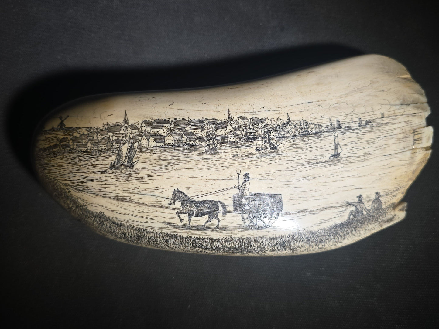 Antique Scrimshaw Whale Tooth engraved with "South Eastern View Nantucket, Mass 1838" Harbor Scene, Town Waterfront, Sailing Vessels, Church Steeples, and Horse-Drawn Cart