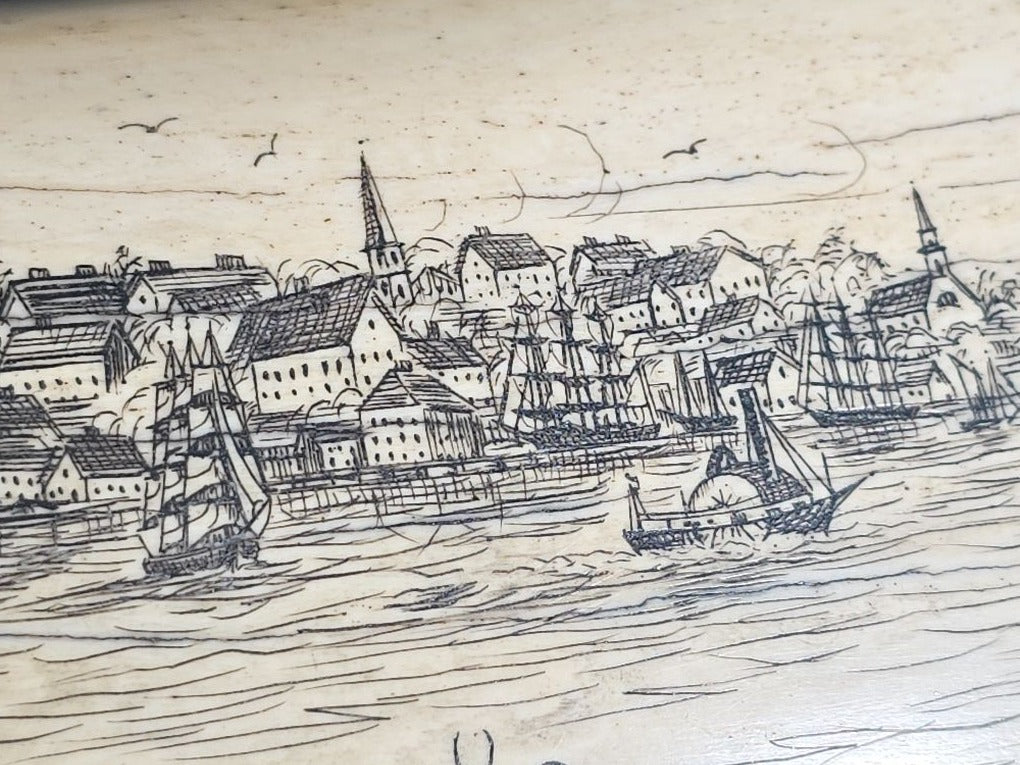 Antique Scrimshaw Whale Tooth engraved with "South Eastern View Nantucket, Mass 1838" Harbor Scene, Town Waterfront, Sailing Vessels, Church Steeples, and Horse-Drawn Cart