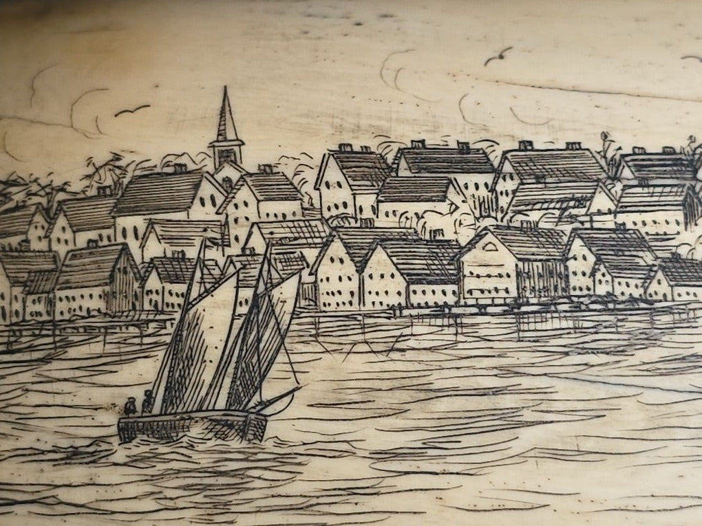 Antique Scrimshaw Whale Tooth engraved with "South Eastern View Nantucket, Mass 1838" Harbor Scene, Town Waterfront, Sailing Vessels, Church Steeples, and Horse-Drawn Cart