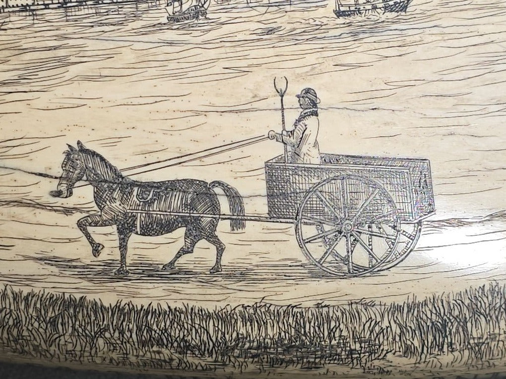 Antique Scrimshaw Whale Tooth engraved with "South Eastern View Nantucket, Mass 1838" Harbor Scene, Town Waterfront, Sailing Vessels, Church Steeples, and Horse-Drawn Cart