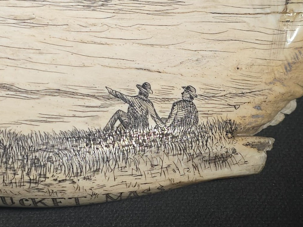 Antique Scrimshaw Whale Tooth engraved with "South Eastern View Nantucket, Mass 1838" Harbor Scene, Town Waterfront, Sailing Vessels, Church Steeples, and Horse-Drawn Cart