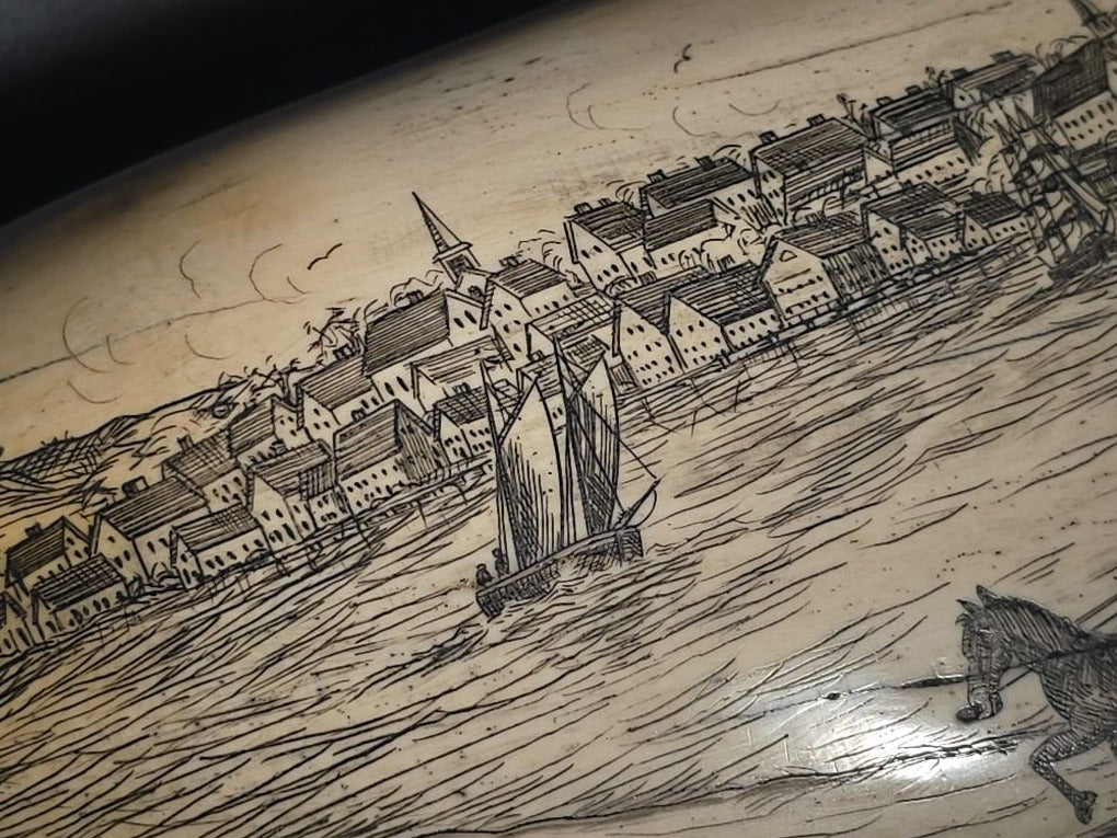 Antique Scrimshaw Whale Tooth engraved with "South Eastern View Nantucket, Mass 1838" Harbor Scene, Town Waterfront, Sailing Vessels, Church Steeples, and Horse-Drawn Cart