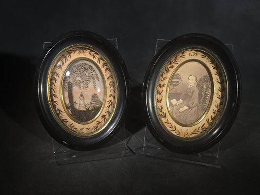 Pair of Antique French Hair Work Mourning Palettes Under Glass in Oval Black Frames including Graveyard Scene Inscribed "Souvenir" and Photograph Portrait of a Young Woman