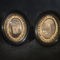 Lot 001 - Pair of Antique French Hair Work Mourning Palettes Under Glass in Oval Black Frames Including Graveyard Scene Inscribed "Souvenir" And Photograph Portrait of a Young Woman, 6-3/8" W x 5-1/8" H each