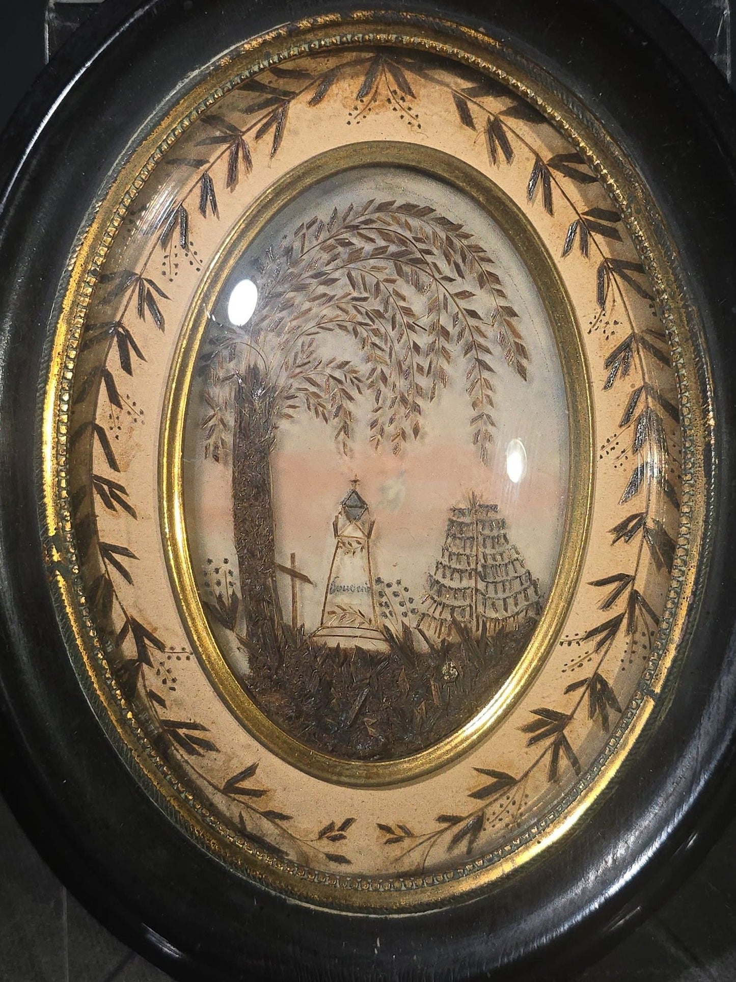 Pair of Antique French Hair Work Mourning Palettes Under Glass in Oval Black Frames including Graveyard Scene Inscribed "Souvenir" and Photograph Portrait of a Young Woman