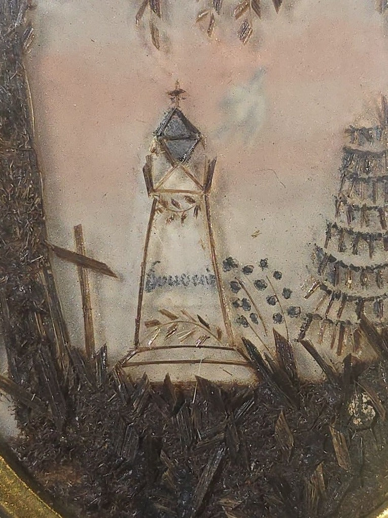 Pair of Antique French Hair Work Mourning Palettes Under Glass in Oval Black Frames including Graveyard Scene Inscribed "Souvenir" and Photograph Portrait of a Young Woman